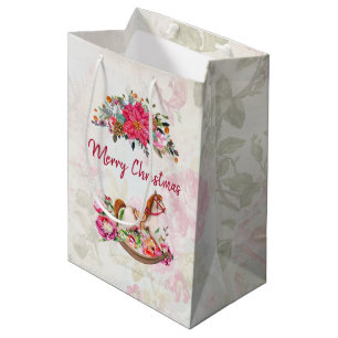 Sac Cadeau Moyen Cheval rocheux victorien et Poinsettia Noël