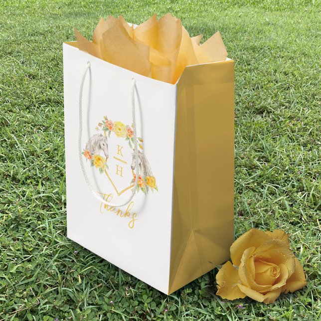 Sac Cadeau Moyen Chevaux gris et roses jaunes monogramme merci (Créateur téléchargé)