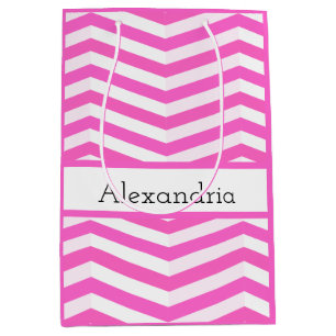 Sac Cadeau Moyen chevron rose et blanc clair rayé