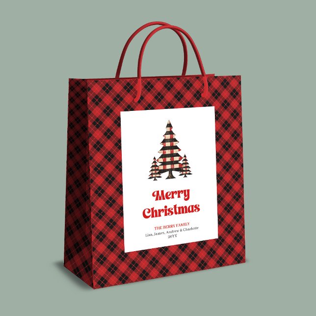Sac Cadeau Moyen Chic buffalo plaid Christmas gift bag editable  (Chic buffalo plaid Christmas gift bag editable text)