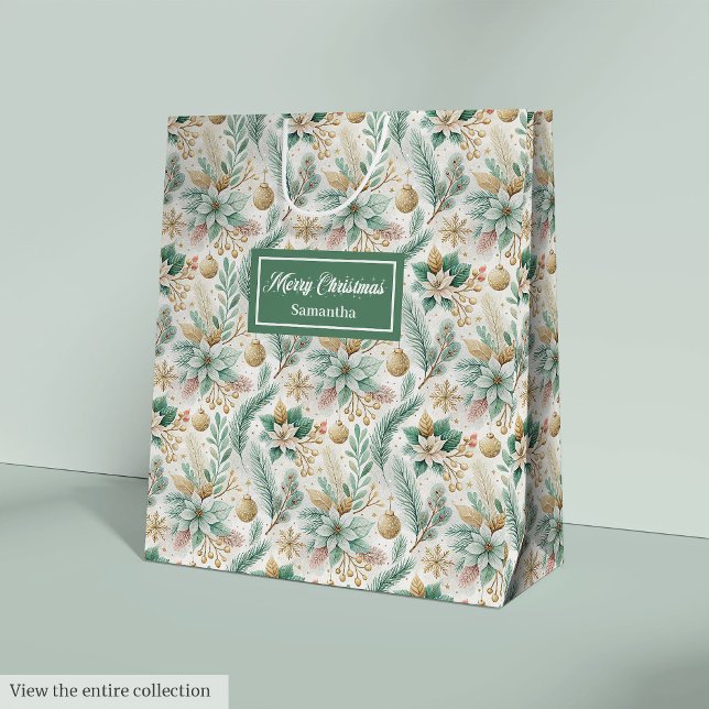 Sac Cadeau Moyen Chic Dill Green Gift Bag Elegant Christmas Floral (Dill Green Gift Bag Elegant Christmas Floral Accent)