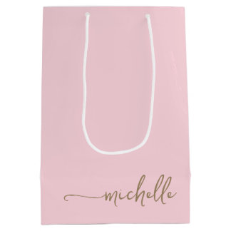 Sac Cadeau Moyen Chic Monogramme Or Nom Script Rose Pâle
