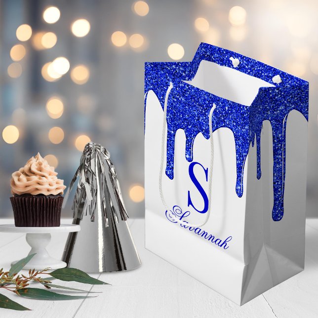 Sac Cadeau Moyen Chic Royal Blue Parties scintillant Drivers Étince (Chic Royal Blue Glitter Drips Sparkle Monogram Medium Gift Bag)