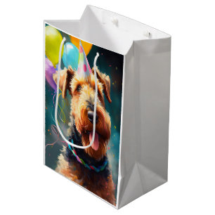 Sac Cadeau Moyen Chien Airedale avec chapeau d'anniversaire et ball