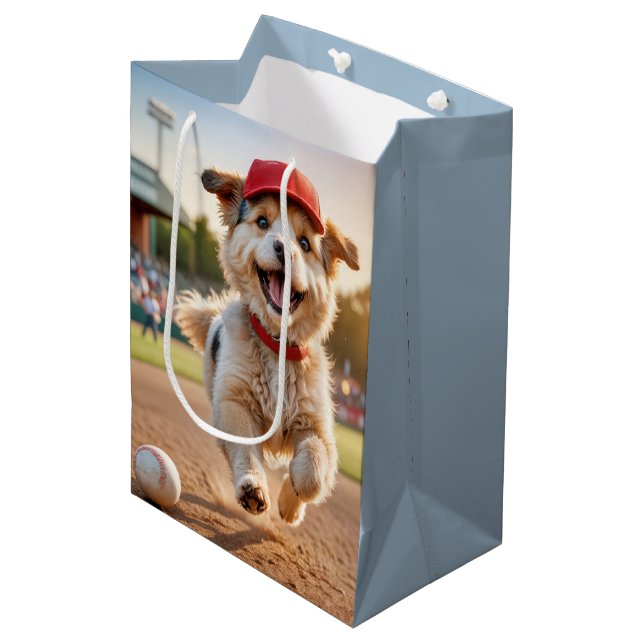 Sac Cadeau Moyen Chien d'anniversaire en course avec un Casquette d (Devant Angle)