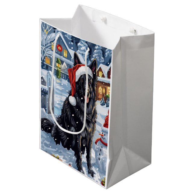 Sac Cadeau Moyen Chien d'hiver belge Wonderland Noël (Devant Angle)