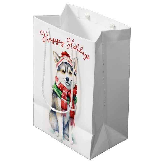 Sac Cadeau Moyen Chien Husky Sibérien de Noël (Devant Angle)