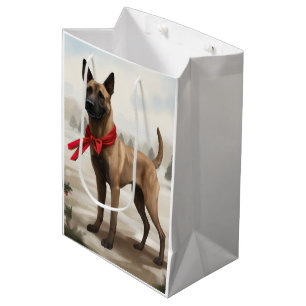 Sac Cadeau Moyen Chien malinois belge à Noël de neige
