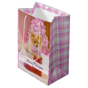 Sac Cadeau Moyen Chien mignon avec cabot rose Photo de Noël