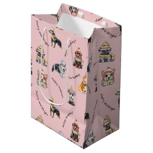 Sac Cadeau Moyen Chiens de Noël rose mignon Motif Illustré