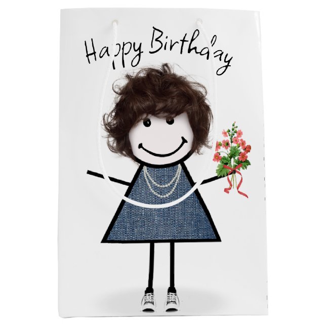 Sac Cadeau Moyen Chiffre Anniversaire Fille Avec Bouquet (Devant)