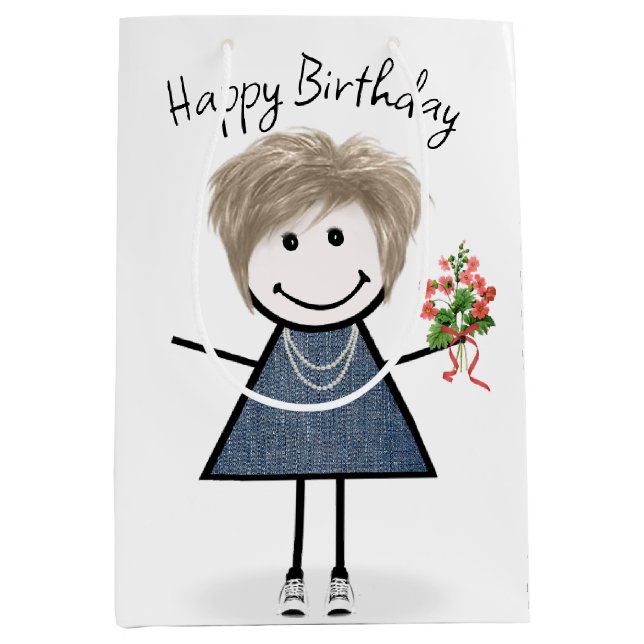 Sac Cadeau Moyen Chiffre Anniversaire Fille Avec Bouquet (Devant)