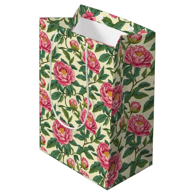 Sac Cadeau Moyen Chinoiserie rose, verte et jaune Florale (Dos Angle)