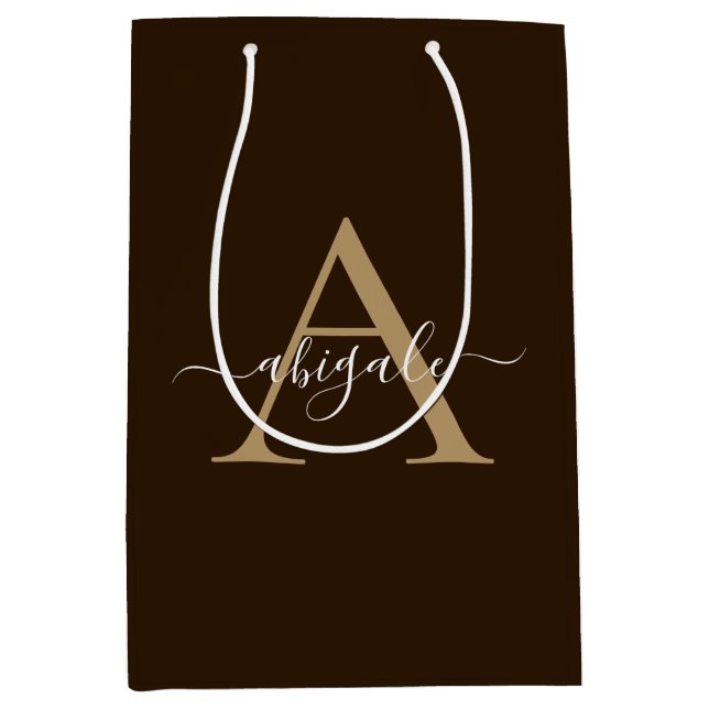 Sac Cadeau Moyen Chocolat Monogrammé Brun Doré | Élégance Minimalis (Devant)
