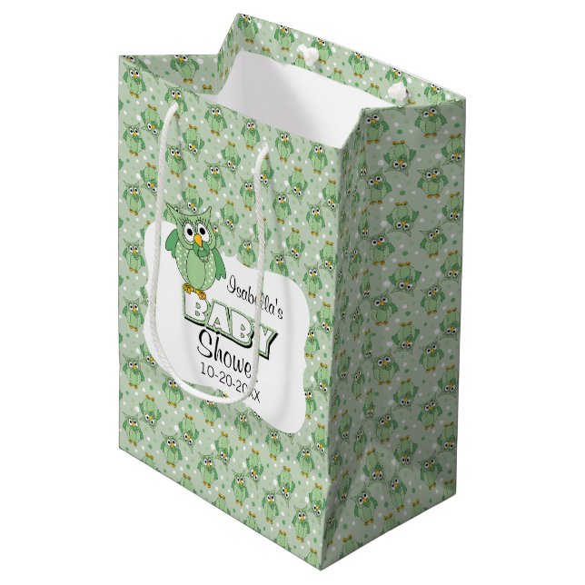 Sac Cadeau Moyen Chouette à points de polka vert - Baby shower (Devant Angle)