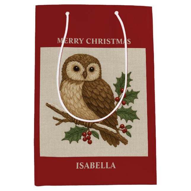 Sac Cadeau Moyen Chouette de Noël brodée rustique avec Holly (Devant)