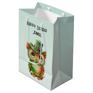 Sac Cadeau Moyen Chouette mignonne dans un chapeau vert Anniversair