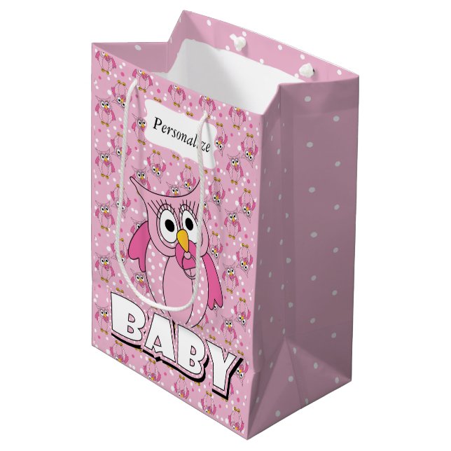 Sac Cadeau Moyen Chouette tachetée rose Bébé (Devant Angle)