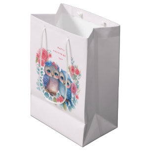 Sac Cadeau Moyen Chouettes amoureuses assis sur une branche d'arbre