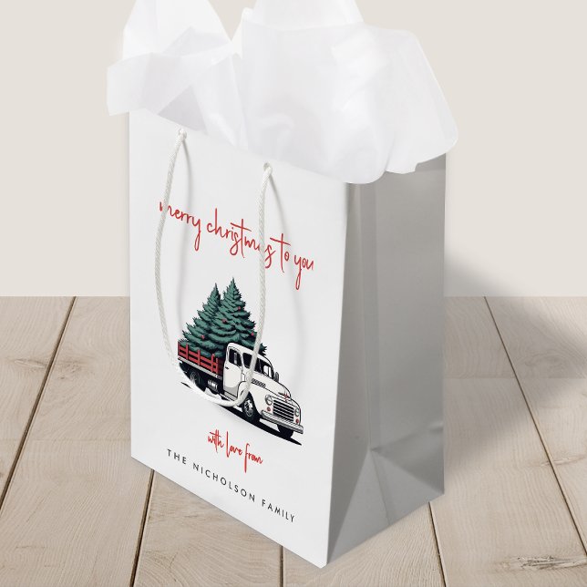 Sac Cadeau Moyen Christmas Gift Bag | Truck Holiday Present Bags (A vintage inspired delivery truck holiday gift bag with retro festive flair)