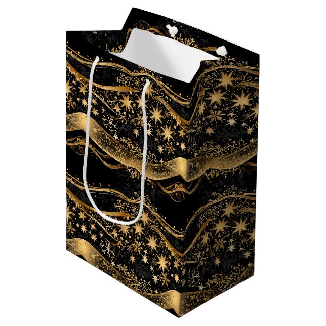 Sac Cadeau Moyen Christmas Ribbon & Starry Night Gold Print (Devant Angle)