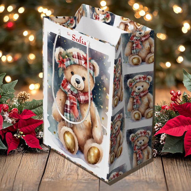 Sac Cadeau Moyen Christmas Teddy Bear add Name (Créateur téléchargé)