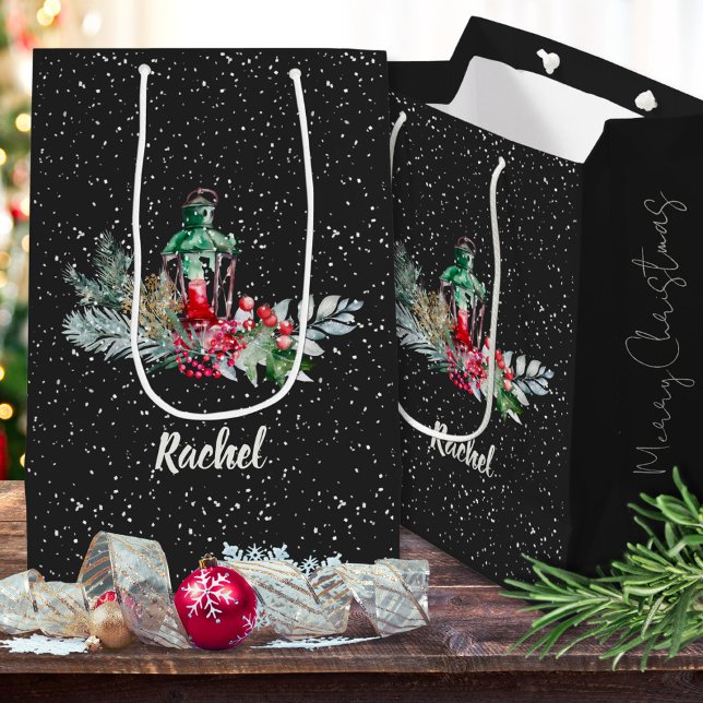 Sac Cadeau Moyen Chute de l'aquarelle de neige Feuillage Joyeux Noë (Créateur téléchargé)