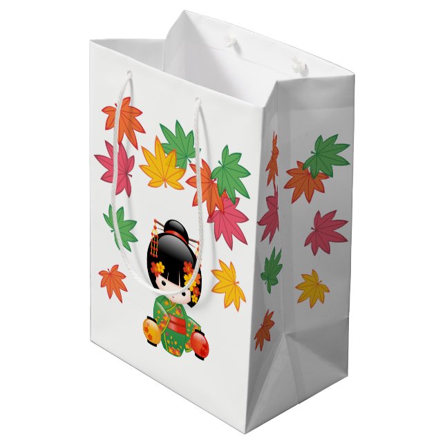 Sac Cadeau Moyen Chute Poupée Kokeshi - Green Kimono Geisha Girl (Dos Angle)