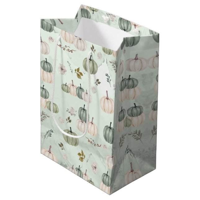 Sac Cadeau Moyen Citrouille Automne Sage Green Thanksgiving (Devant Angle)
