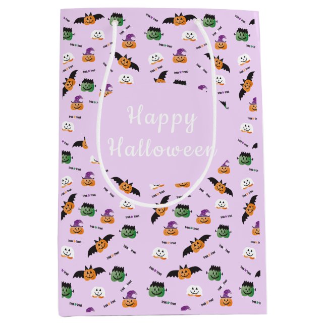 Sac Cadeau Moyen Citrouille Bats Witch Frankenstein Motif Halloween (Devant)