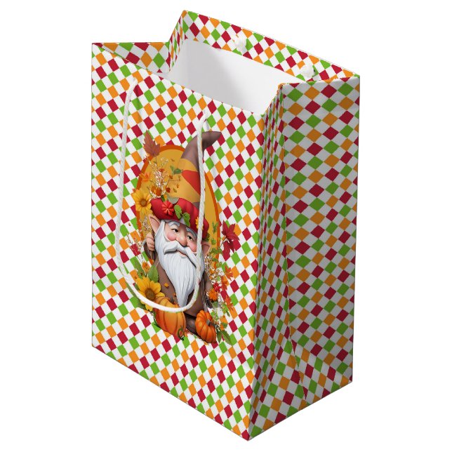 Sac Cadeau Moyen Citrouille d'automne Gnome (Devant Angle)