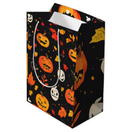 Sac Cadeau Moyen Citrouille d'Halloween amusant et Feuilles Imprime