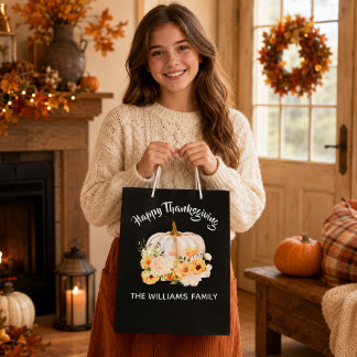 Sac Cadeau Moyen Citrouille Florale Personnalisée de Thanksgiving