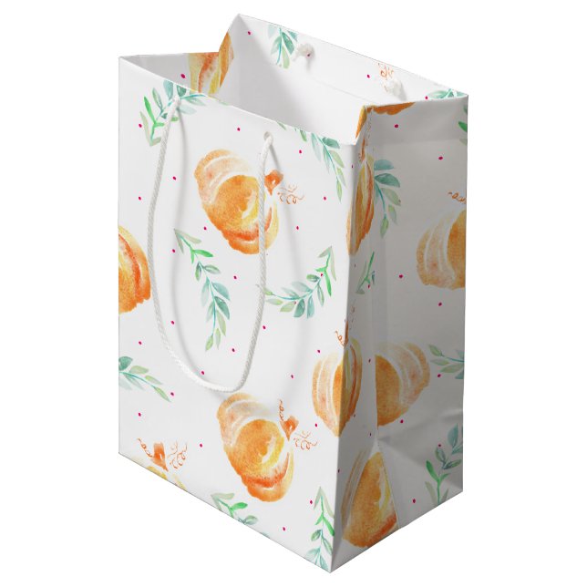 Sac Cadeau Moyen Citrouilles d'aquarelle d'automne et lauriers vert (Devant Angle)