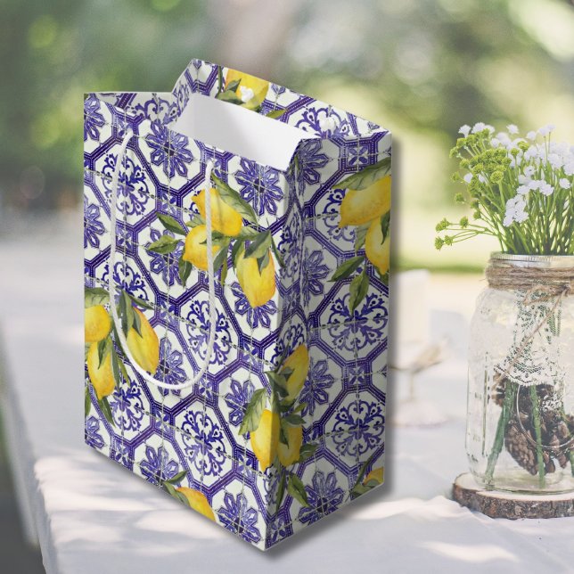 Sac Cadeau Moyen Citrus Citrus Bleu Portugais Carrelage Méditerrané (Citrus Lemon Blue Portuguese Tile Mediterranean Medium Gift Bag)