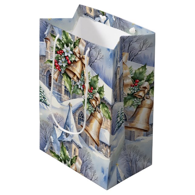 Sac Cadeau Moyen Cloches d'or du jour de Noël (Devant Angle)
