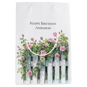 Sac Cadeau Moyen Clôture blanche de roses roses Anniversaire