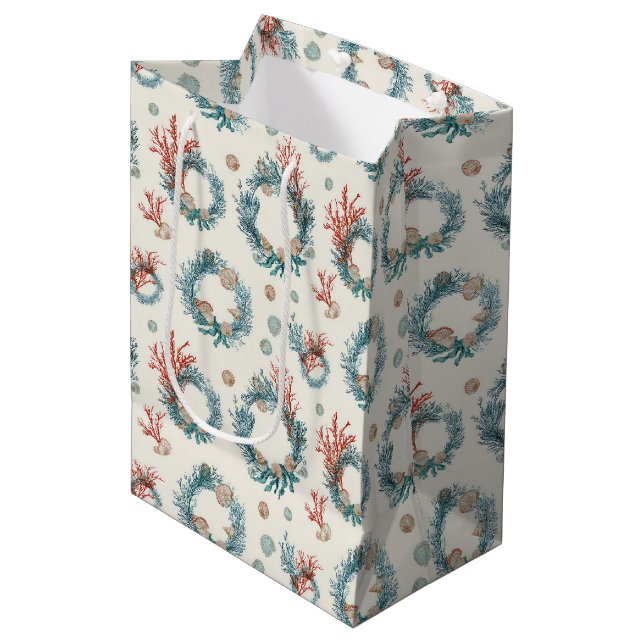 Sac Cadeau Moyen Coastal Marine Vintage Christmas Wreath Pattern (Devant Angle)