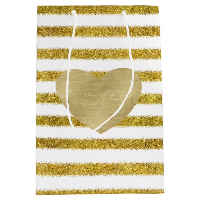 Sac Cadeau Moyen Coeur Gold et White Chic Stripes (Devant)