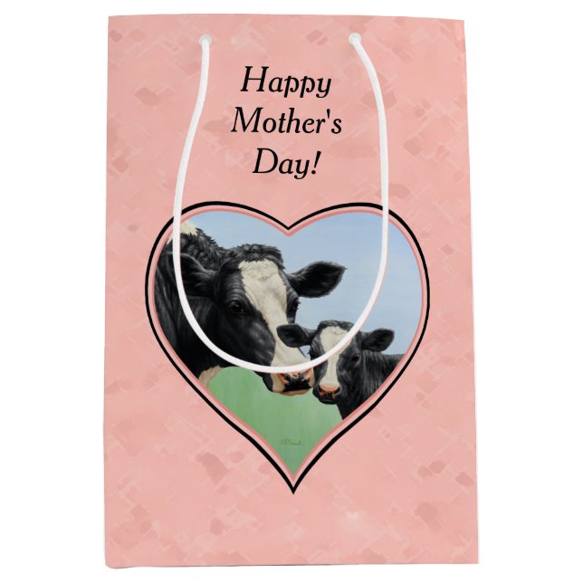 Sac Cadeau Moyen Coeur rose Vache et Veau Holstein (Devant)