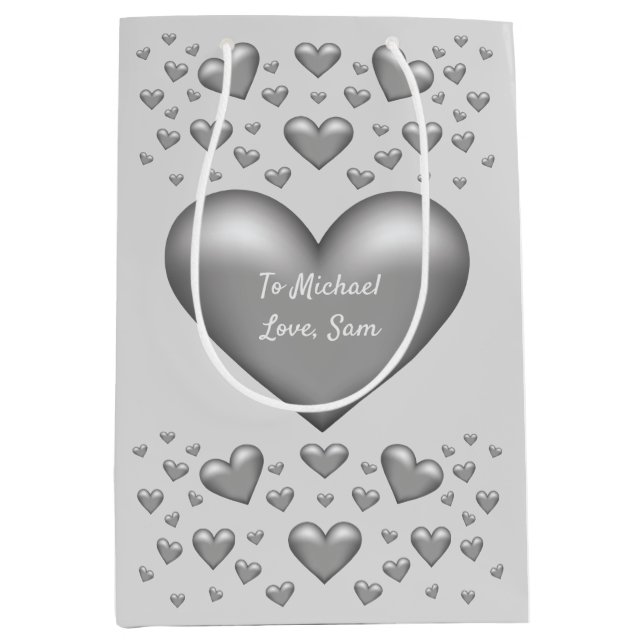 Sac Cadeau Moyen Coeurs couleur gris argent avec texte personnalisé (Devant)