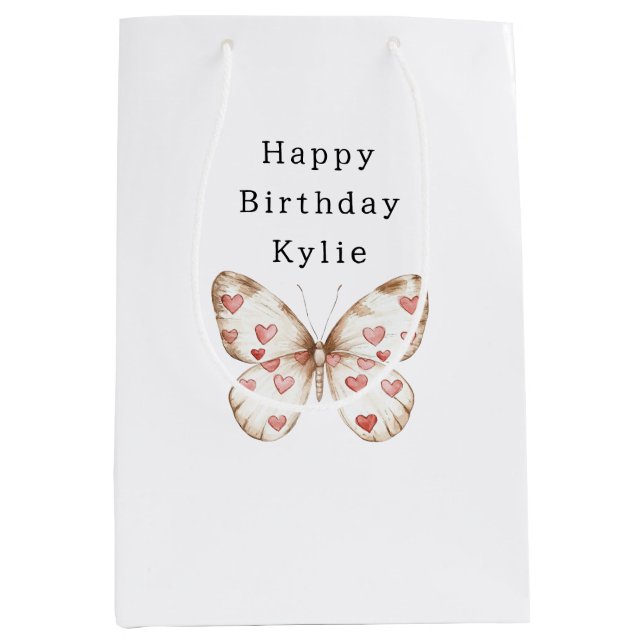 Sac Cadeau Moyen Coeurs papillons blancs Anniversaire (Devant)
