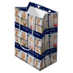 Sac Cadeau Moyen Collage photo chic bleu marine Joyeux Anniversaire