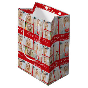 Sac Cadeau Moyen Collage photo personnalisé rouge joyeux anniversai