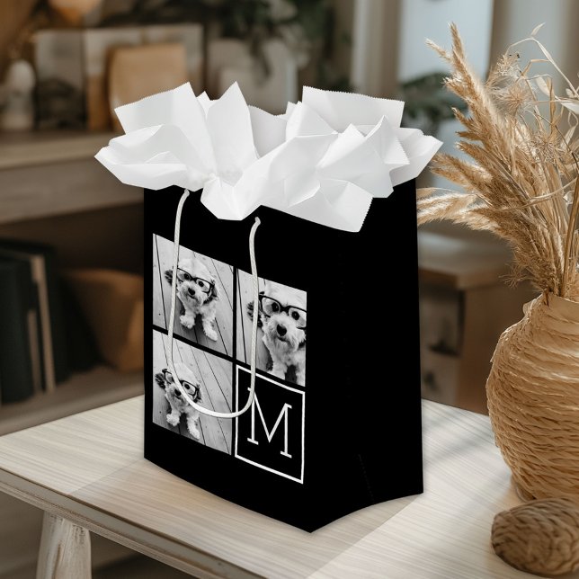 Sac Cadeau Moyen Collage photo tendance noir et blanc avec Monogram (Custom Gift Bag)