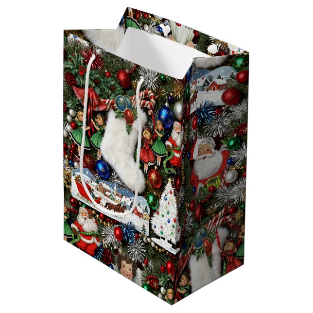 Sac Cadeau Moyen Collage rétro de Noël maximaliste (Devant Angle)