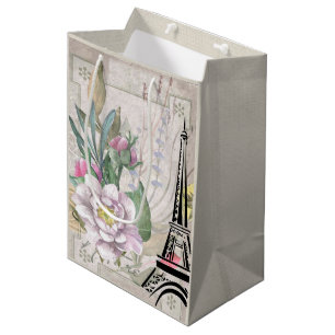 Sac Cadeau Moyen Collage vintage, Tour Eiffel & Burlap
