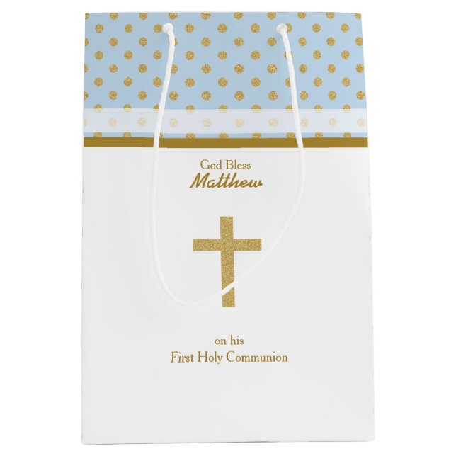 Sac Cadeau Moyen Communion bleu avec Pois d'or (Devant)