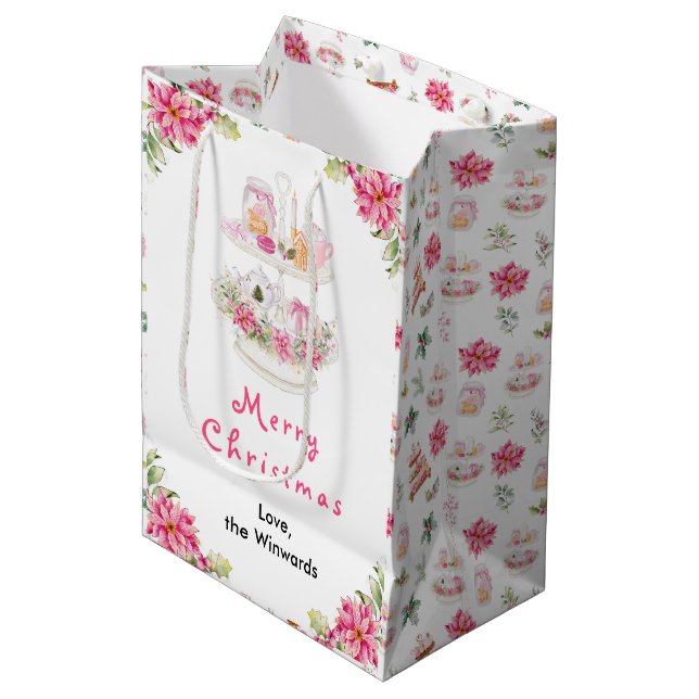 Sac Cadeau Moyen Cookies de vacances et cacao rose joyeux Noël (Devant Angle)