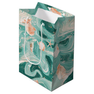 Sac Cadeau Moyen Coquillages et Motif de Vagues Océaniques (6)